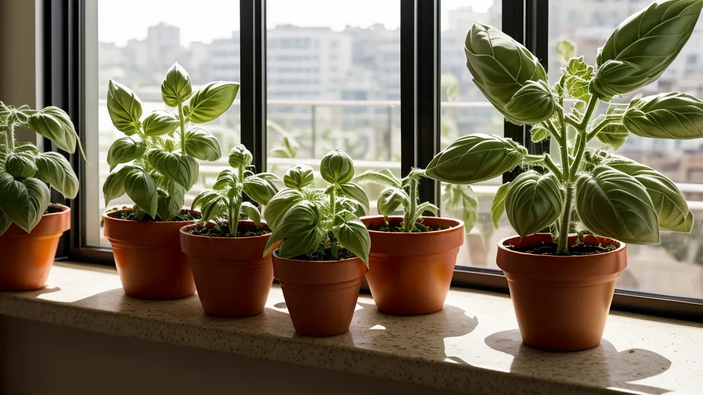 Planta de tomate y albahaca compartiendo espacio en un rincón soleado del balcón