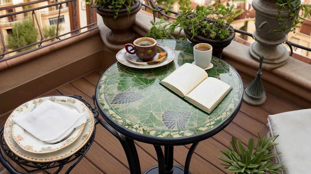 Mesa de balcón con café, libreta de bocetos y herramientas de jardinería urbana