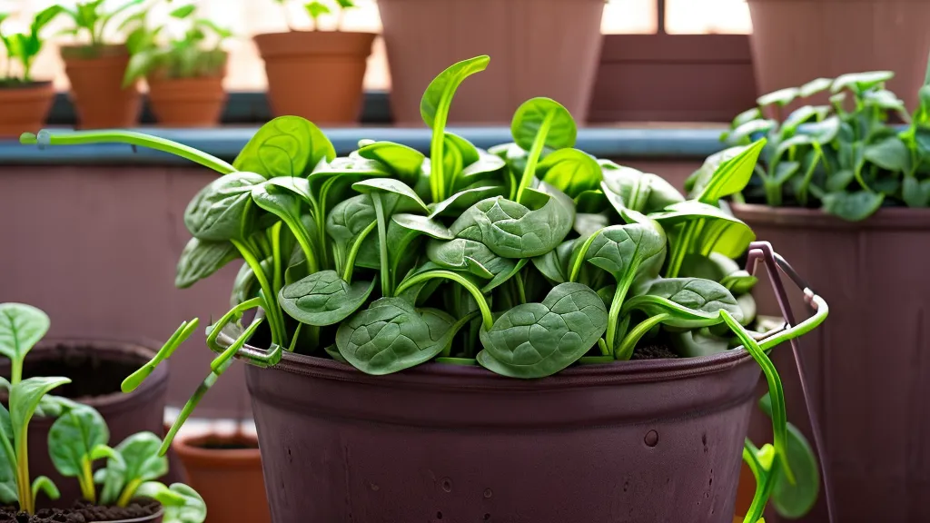 Planta de espinaca creciendo en un cubo reutilizado de un kit hidropónico