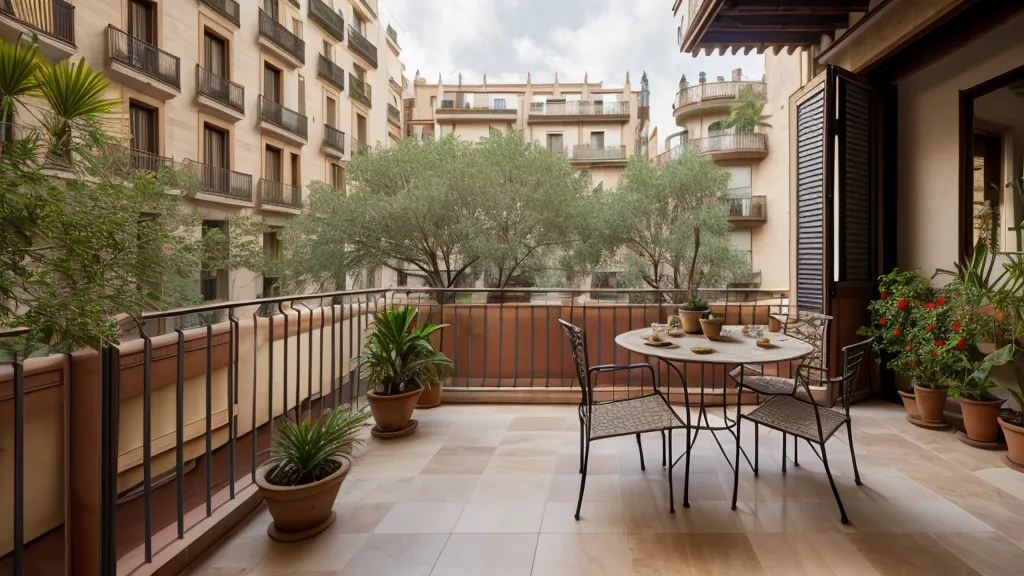 Tierra derramada sobre baldosas hidráulicas antiguas en un balcón de Barcelona.