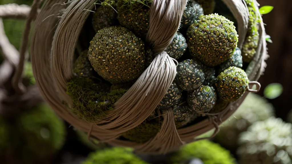 Kokedama artesanal colgando de la barandilla de un balcón urbano.