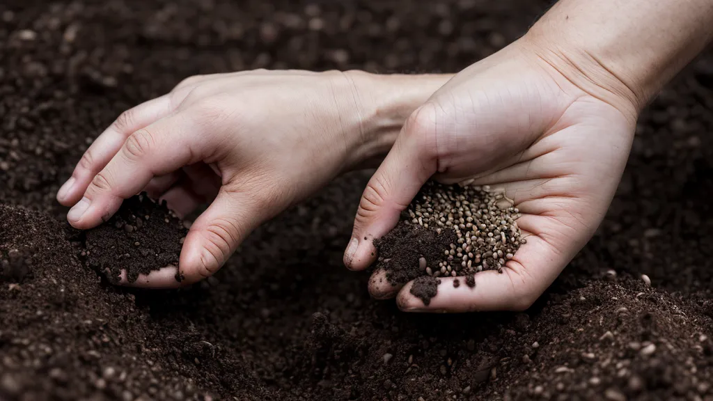 Mano plantando semillas de espinaca en sustrato orgánico húmedo