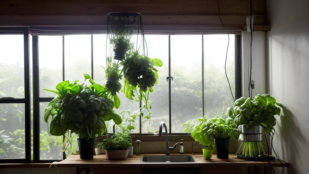 Kit de hidroponía fallido junto a bocetos de diseño mojados en una cocina