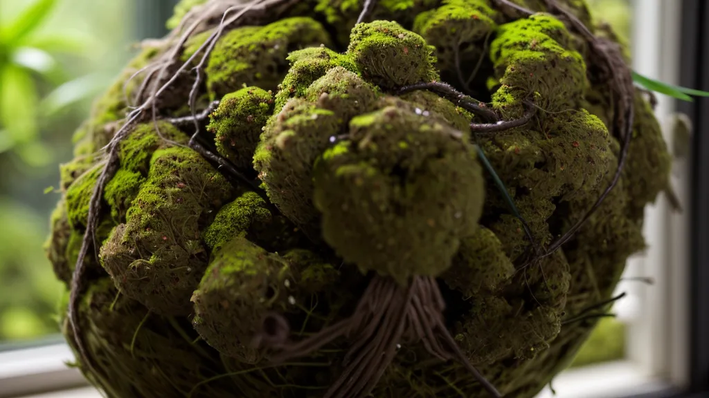 Detalle del proceso de atado de musgo verde sobre la bola de sustrato