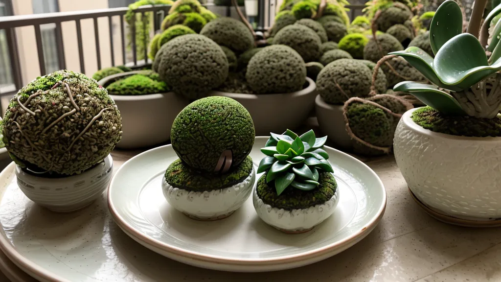 Kokedama restaurada y saludable en el borde de un balcón con vistas a Barcelona