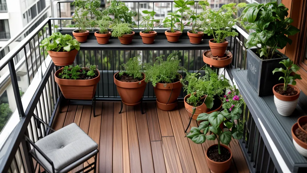 Primer plano de una hoja de tomate amarillenta en una maceta de barro en un balcón