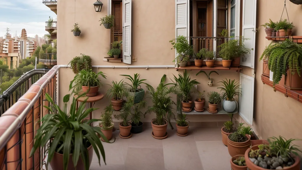Luz reflejada de una pared blanca iluminando plantas de huerto en un balcón sombrío