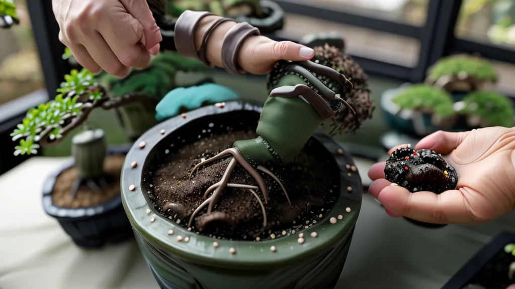 Manos mezclando sustrato de akadama y turba para hacer una kokedama artesanal.