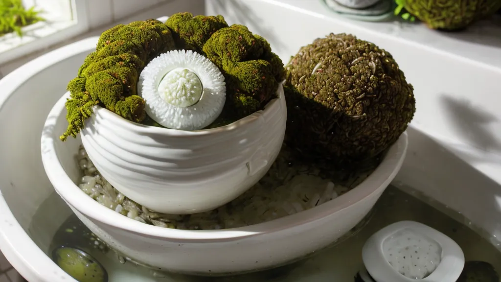 Sumergiendo una kokedama en el fregadero de la cocina para su riego por inmersión.