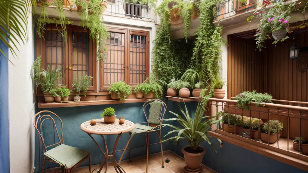 Kokedama de musgo verde sobre una mesa de balcón en un piso de Barcelona.