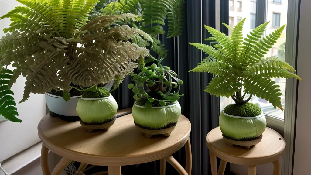 Kokedama de helecho terminada junto a un portátil de diseño UI