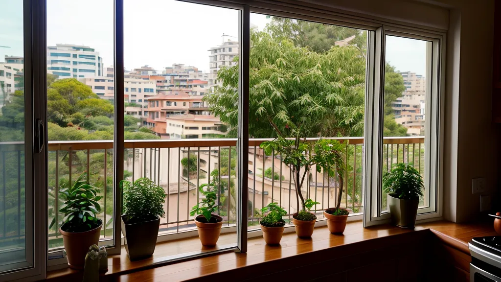 Vista desde la cocina de un balcón lleno de plantas y kokedamas al atardecer